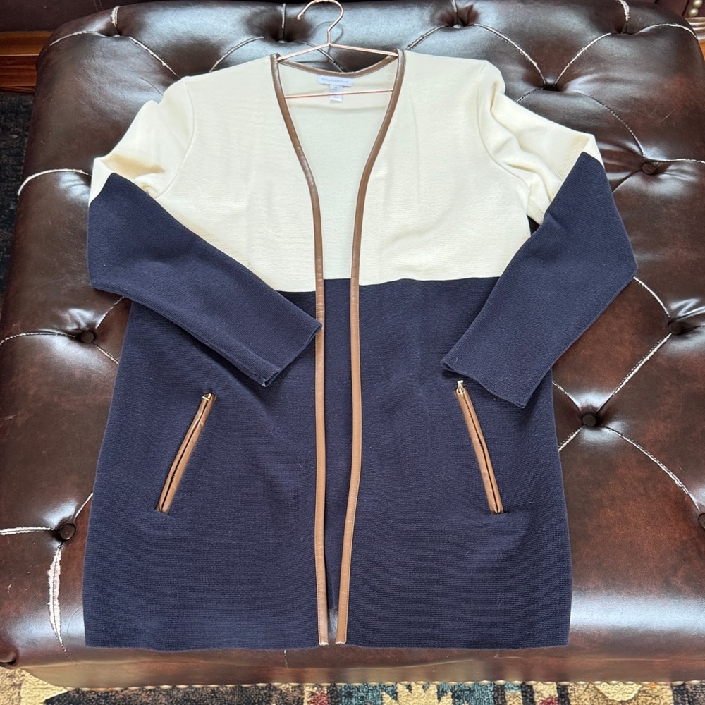 Charter Club Cream and Navy Open-Front Long Cardigan with Brown Trim